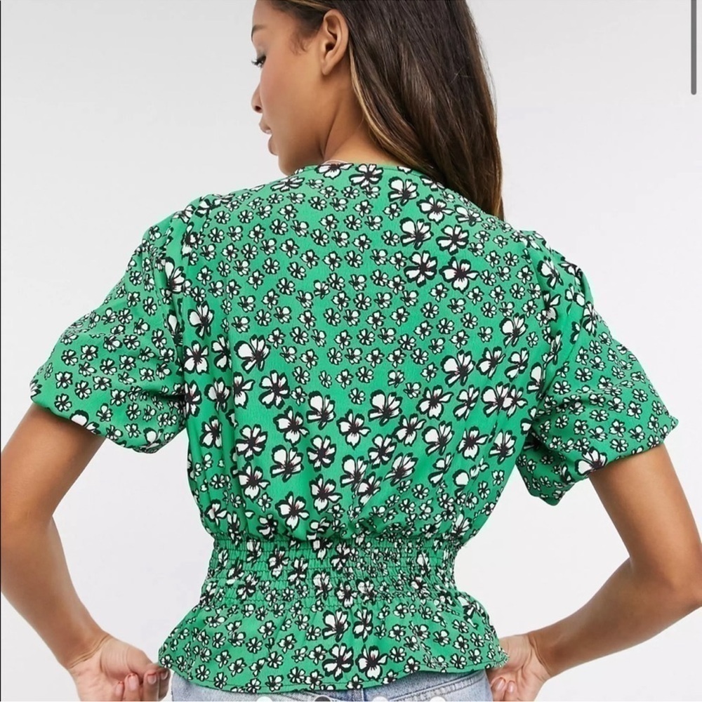Topshop Green Floral Top Tie Front Peplum Top V-Neck - Picture 4 of 9